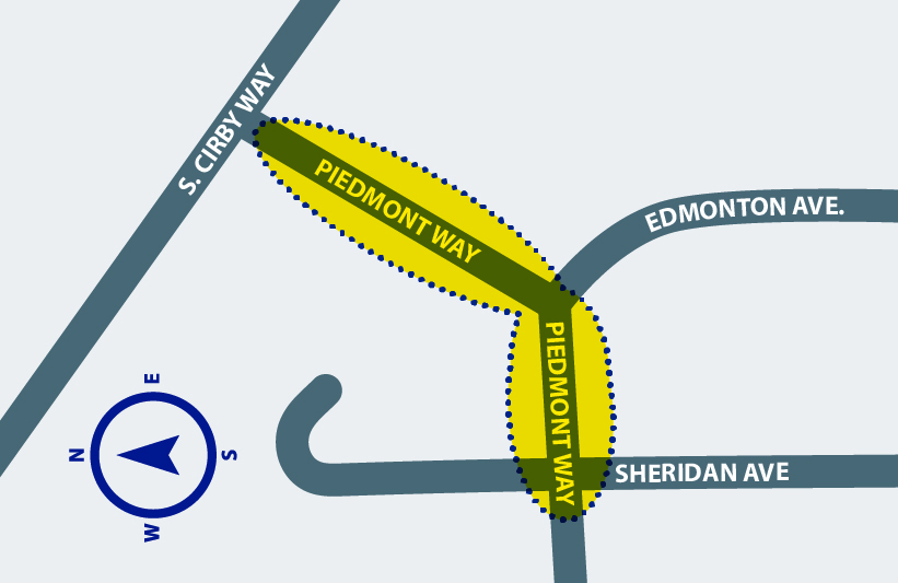 A highlighted project area covers a section of Piedmont Way between South Cirby Way and through the Sheridan Ave intersection.